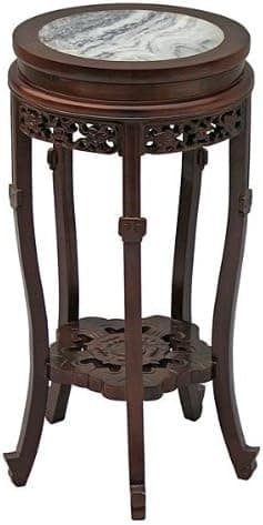 EXP Antique Style 24-Inch Round Accent/End Table with Mahogany Finish, Carved Trim and Marble Top