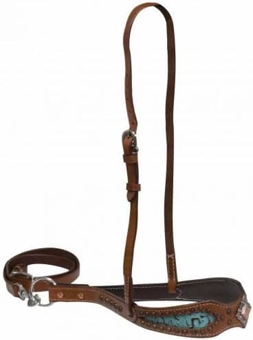 Showman Horse Teal Filigree Noseband and Tie Down Strap with Copper Concho and Studs.