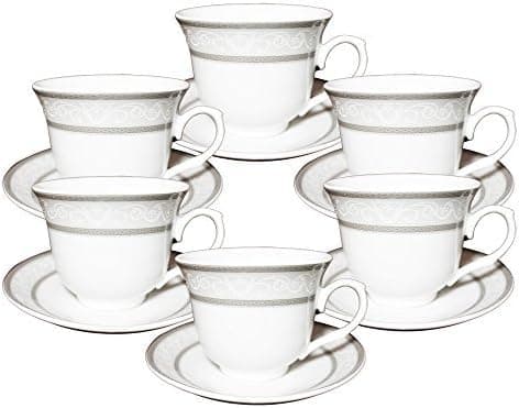 Imperial Gift G1276A-12 Set of 12 Silver Wreath Design Tea Cup & Saucer Set for 6 Person Gift Boxed, 13 x 13 x 5"