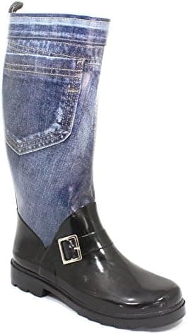 Women's Girl's Denim Print Fashion Rain Boots Pull On Mid Calf Waterproof Rubber Boots