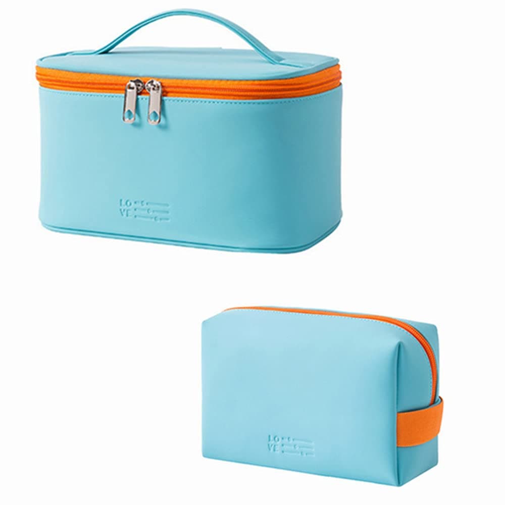 LYDZTION Makeup Bag Cosmetic Bag for Women,2Pcs Portable Travel Bag Large Travel Toiletry Bag Beauty Zipper Organizer for Girls,PU Leather Washable Waterproof,Blue