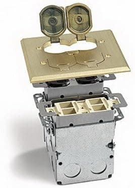 Lew Electric SWB-4-PQ-LR Floor Box, Flip Lid Quad Box w/Duplex Receptacle & 4 Communications/Data Ports - Brass