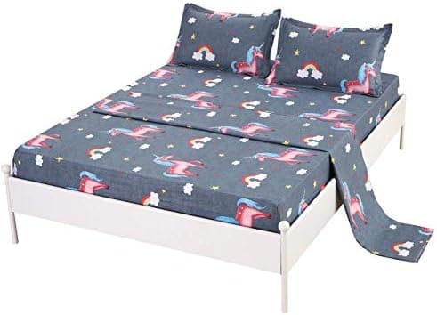 SDIII 4Pcs Gray Unicorn Sheets Queen, Bed in a Bag Queen Size Sheets Set on Amazon, Soft Microfiber, Wrinkle and Fade Resistant, for Girls Boys Kids and Unicorn Lovers, Queen