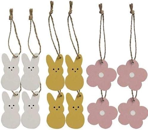Set of 12 Bunny Flower Wood Mini Ornaments - Spring Easter - Farmhouse Rustic Decor - Jute Hangers