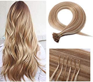 100 Strands/Pack I Tip Remy Human Hair Extensions Pre Bonded Keratin Stick In Hair Extensions Cold Fusion Hair Piece For Women Long Straight #12P613 Golden Brown&Bleach Blonde 18'' 50g