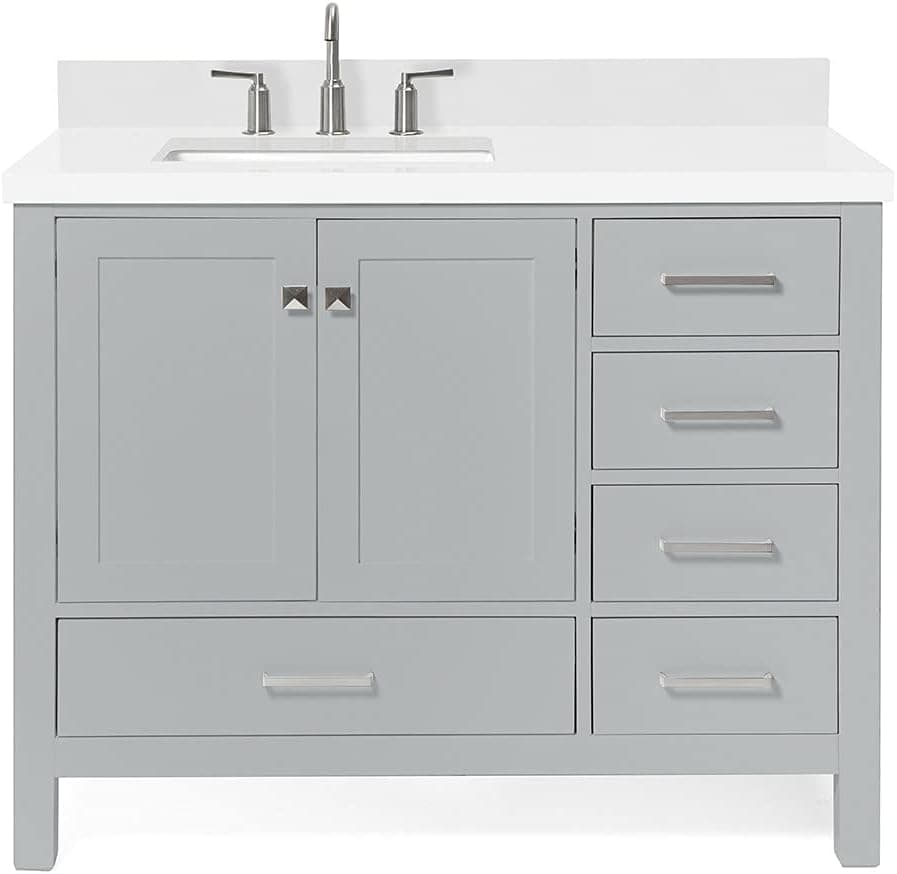 DKB 43" Inch Bathroom Vanity in Grey with Pure White Quartz Countertop | Left Offset Rectangle Sink 2 Soft Closing Doors and 5 Full Extension Dovetail Drawers | No Mirror