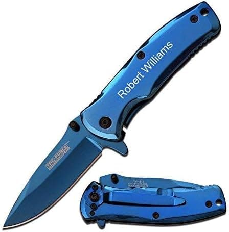 ForeverGiftsusa Free Engraving - Quality Titanium Coated Stainless Steel Spring Assisted Pocket Knife (Blue)