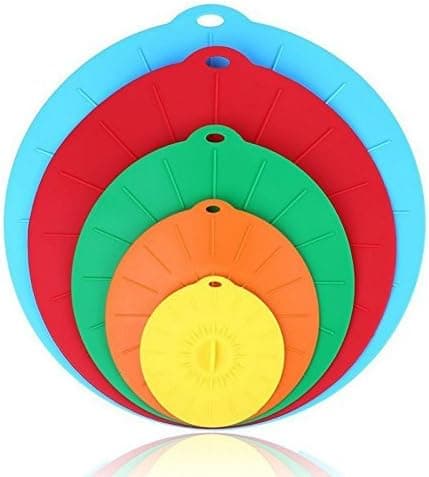 Joymee Microwave Silicone Suction Lids Food Seal Cover Combo, Red/Green/Orange/Blue/Yellow, Set of 5, Fits Various Sizes of Cups, Bowls, Pans, or Containers!