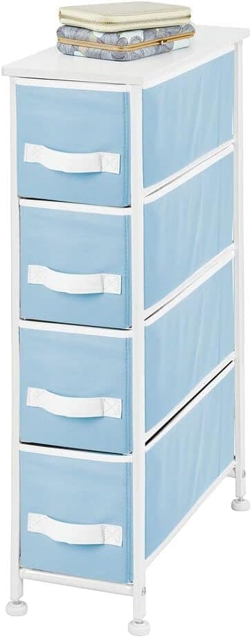 mDesign Narrow Dresser Storage Tower Stand with 4 Removable Fabric Drawers - Steel Frame, Wood Top Organizer for Bedroom, Entryway, Closet - Jane Collection - Carolina Blue/White