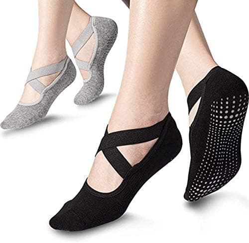 Bememo 2 Pairs Yoga Socks for Women Non Slip Sock with Grips Barre Socks Pilates Socks (Black, Gray)