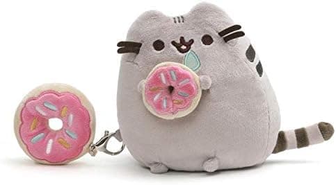 GUND Pusheen with Donut and Bonus Donut Clip Plush Stuffed Animal Cat, Gray, 6"
