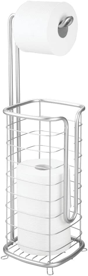 mDesign Steel Free Standing Toilet Paper Holder Stand and Dispenser with Storage for Bathroom, Powder Room - Holds 3 Mega Rolls of Toilet Tissue - Omni Collection - Chrome