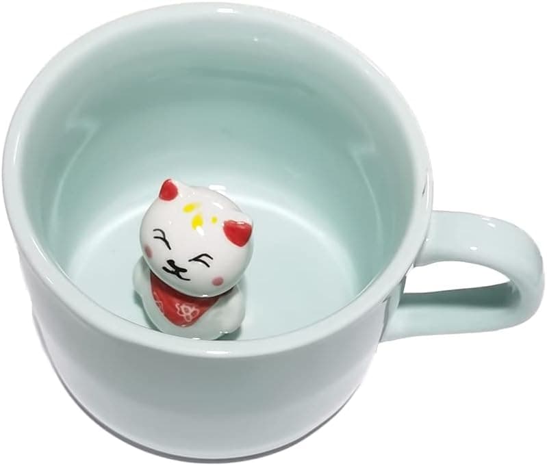 ZaH 3D Mug Animal Inside Cup Cartoon Ceramics Figurine Teacup 8oz Coffee Mug for Boys Girls Kids Women Men - Small Size Collection Mugs (Lucky Cat)