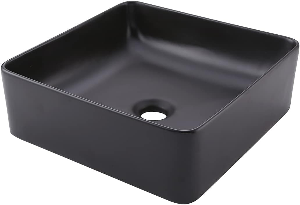 KES Black Bathroom Vessel Sink 14 Inch Above Counter Square Ceramic Countertop Sink for Cabinet Lavatory Vanity, BVS122-BK