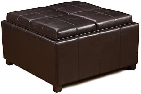 Adeco Bonded Leather Square Storage Ottoman Footstool with 4 Serving Trays, 35.5", Brown, Dark Brown
