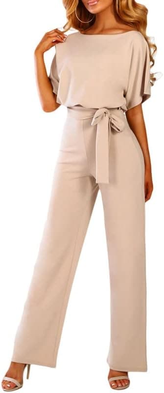 Dokotoo Jumpsuits for Women Casual Loose Batwing Sleeve Dressy Crewneck Rompers Long Pants Belted Wide Leg Overall