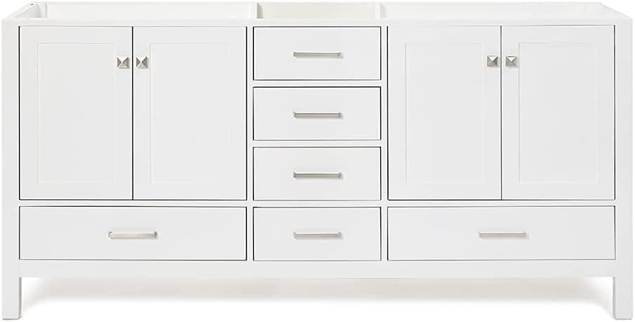 ARIEL 72" Inch White Bathroom Vanity Base Cabinet with Double Sink Configuration | 4 Soft Closing Doors and 6 Full Extension Dovetail Drawers | Satin Nickel Hardware | 72" x 21.5" x 34.5"