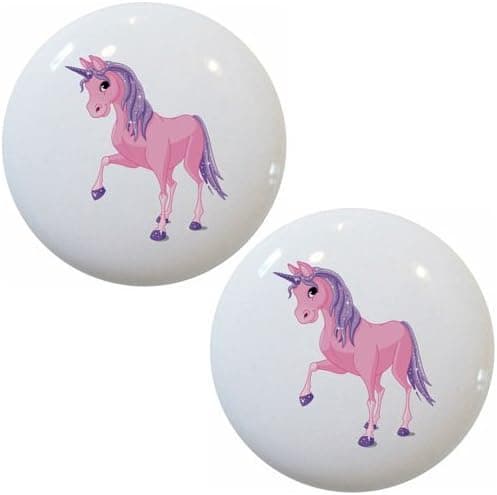 Set of 2 Pink & Purple Unicorn Ceramic Cabinet Drawer Pull Knobs