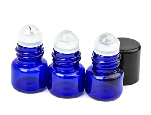 Grand Parfums 1ml Mini Cobalt Blue Bottles with Crystal Quartz Gemstone Rollerballs, 3 count
