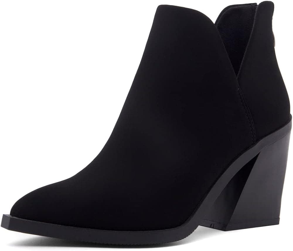 Shoe Land Mingo Women's Pointed Toe Ankle Booties Slip On V Cut Back Zipper Boots With Chunky stacked Mid Heel