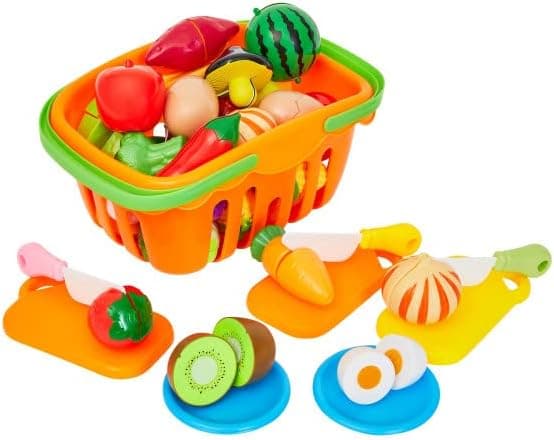 Hey! Play! 46-Piece Play Food Set - Includes 35 Cutting Play Food Toys, Grocery Basket, 3 Cutting Boards, 3 Knives, and 4 Dishes - for Ages 3 and Up by Hey Play, Orange (80-PP170010)