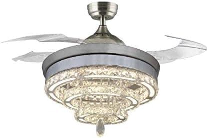 46" Crystal Rings Ceiling Fans 40W LED,with 4 Acrylic Retractable Blades Dimmable and Remote Control, Chrome Finish