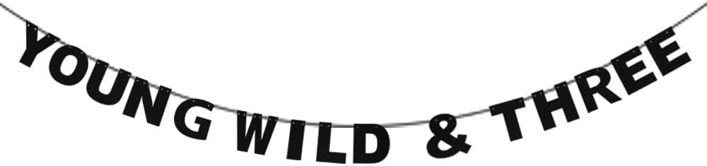 Young Wild & Three Birthday Banner - Kids 3rd Bitrhday Lovely Black Glitter Letters - Boys Girls Three Years Old Anniversary - Happy Third Birthday Party Decoration
