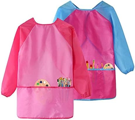 GODR7OY Kids Art Smocks, Painting Apron Artist Smock with Sleeve and 3 Pockets 2 Pack Black/White Set