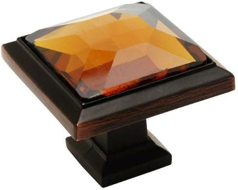 Cosmas 5 Pack 5883ORB-A Oil Rubbed Bronze Cabinet Hardware Square Knob with Amber Glass - 1-1/4" Square