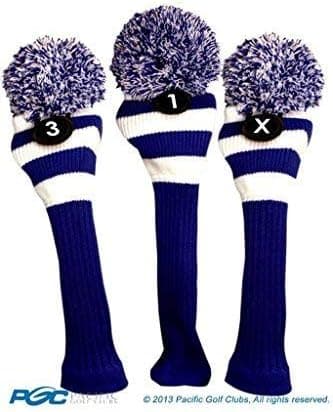 Majek Golf Club 1 3 X White and Blue Limited Edition Driver and Fairway Wood Head Covers Fits 460cc Drivers Tour Knit Retro Vintage Pom Classic Long Neck Metal Longneck Woods Headcovers