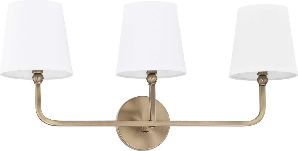 Capital Lighting 119331AD-674 Dawson Decorative White Fabric Stay-Straight Shade Bath Vanity Wall Mount, 3-Light 180 Total Watts, 12" H x 26" W, Aged Brass
