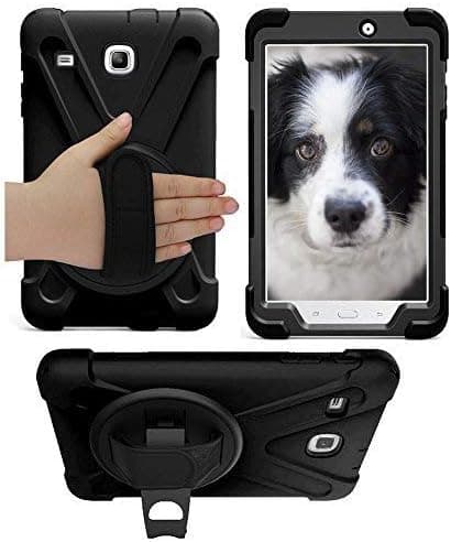 KIQ Shield Series T377 Samsung Galaxy Tab E Case, Heavy Duty Hybrid Shockproof Protection Cover Built/w 360 Kickstand and Hand Strap for Samsung Galaxy Tab E 8.0 Case SM-T378 (Black)