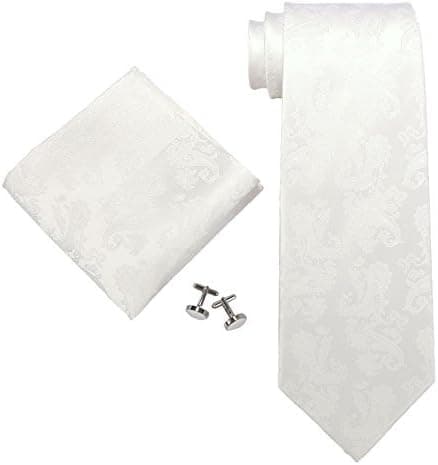 Landisun SILK Paisleys Mens SILK Tie Set: Tie+Hanky+Cufflinks 94C White, 3.75" Wx59 L