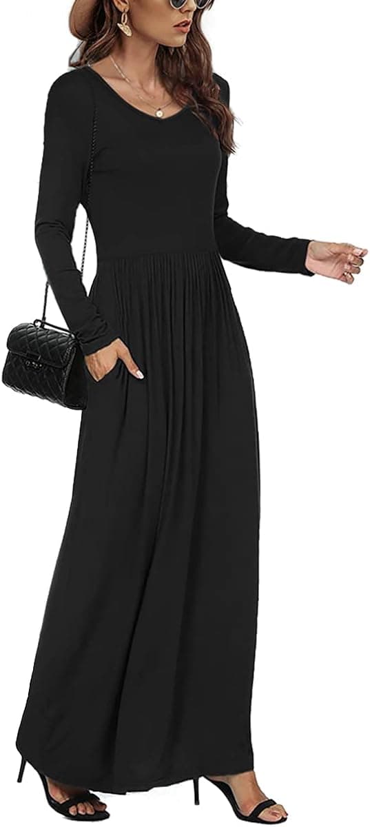 Soinku Women's Casual Long Sleeve Loose Maxi Dress Empire Waist V-Neck Long Dresses with Pockets