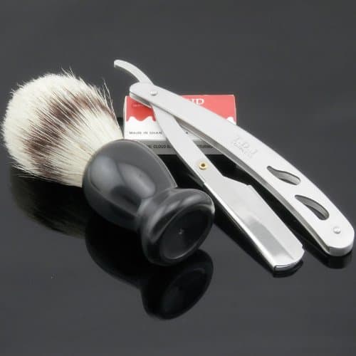 Barber Sharon Solid Steel Cutthroat Folding Straight Razor Black Handle Bristle Shaving Brush w/ 10 Nano Ultra Hard Double Edge Blades Set Kit