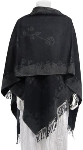 Ruana-style Wool Feel Capes (Rose Border - Black-Grey)