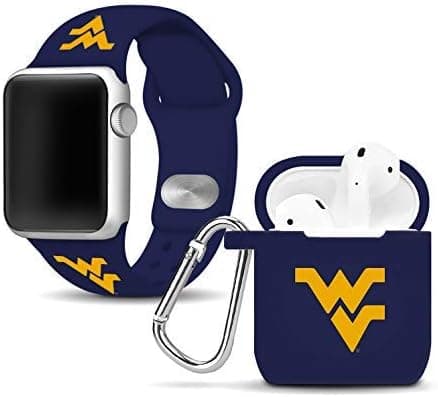 Affinity Bands West Virginia Mountaineers Silicone Sport Band and Case Cover Combo Package Compatible with Apple Watch and AirPods Gen 1 & 2