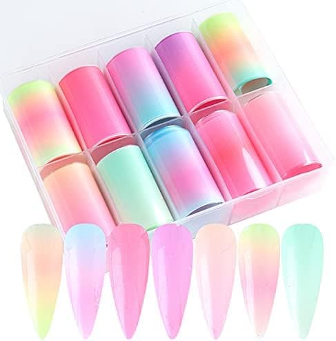 Nail Art Foil Stickers 10 Rolls Gradient Solid Color Nail Foil Film Iridescent Cellophane Films Foils DIY Designs Decoration Manicure Tips