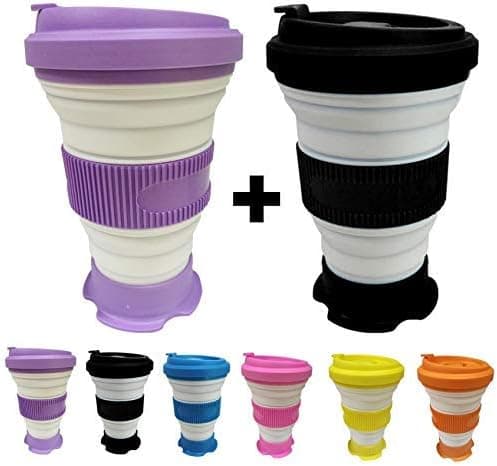 AVALEISURE 16oz Collapsible Travel Cup - Big, Foldable Silicone Mug with Leak-Proof Lid for Coffee, Water, Tea - Portable Camping, Hiking Mugs, Set of 2, col. Black + Lilac
