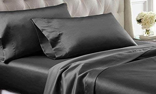 Bedding Emporium 100% Pure Silk Satin Sheet Set 7pcs, Silk Fitted Sheet 15'' Deep Pocket,Silk Flat Sheet,Silk Duvet Cover & Pillowcases Set !!! Queen, Dark Grey