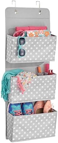 mDesign Soft Fabric Over The Door Hanging Storage Organizer with 3 Large Pockets for Closets in Bedrooms, Hallway, Entryway, Mudroom - Hooks Included - Polka Dot Print - Light Gray with White Dots