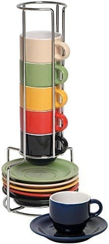 Stoneware Ceramic Espresso Cups Set - 13 Pc Colorful Stacking Espresso Cup and Saucer Set w/Rack