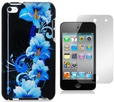Blue Flowers 2D Design Crystal Hard Skin Case Cover + LCD Screen Protector Film Guard Accessories for Ipod Touch 4th Generation 4g 4 8gb 32gb 64gb by Electromaster