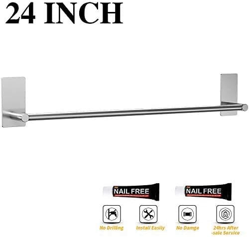 LuckIn Self Adhesive Towel Bar 24 Inch, No Drill Towel Rod Brushed Nickel, Stainless Steel Towel Holder Wall Mounted Towel Rail Hanger for Bathroom, TR012024S