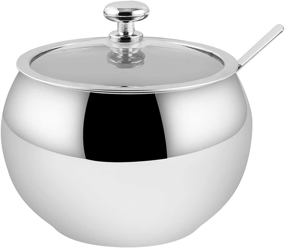 Hillvo Stainless Steel Sugar Bowl with Clear Lid and Spoon for Home and Kitchen, Drum Shape