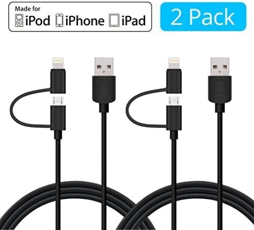 Apple MFi Certified Lightning Cables [2-Pack] - Skiva USBLink Duo 2-in-1 Sync and Charge Cable (3.2ft / 1m) with Lightning & microUSB for iPhone X 8 8Plus 7 6s Plus SE, Samsung Galaxy S7 [Model:CB152]