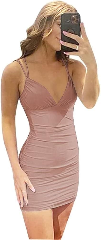 Rjer V Neck Spaghetti Strap Tight Homecoming Dresses Short Pleated Satin Mini Party Dress