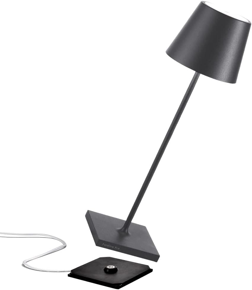 Zafferano Poldina Pro LED Table Lamp (Dark Grey) Touch On/Off, Touch Dimmable, Powder Coated Aluminum, IP54 Protection, Indoor/Outdoor, Contact Charging Base, USA Plug