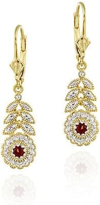 Gold Tone over Sterling Silver Garnet & Diamond Flower w/ Leaves Leverback Earrings