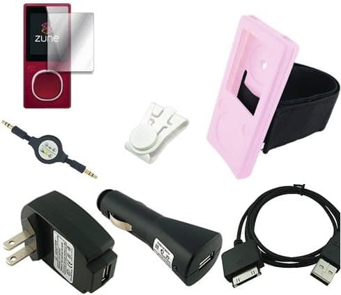 Microsoft Zune 4GB / 8GB / 16GB (PINK) Silicone Skin Charging Combo, w/ Silicone Skin, USB 2in1 Sync Charging Cable, USB Car Charger, USB Wall Charger, Retractable MP3 Jack 3.5mm to 3.5mm Auxilary Cable and a Screen Guard / Protector
